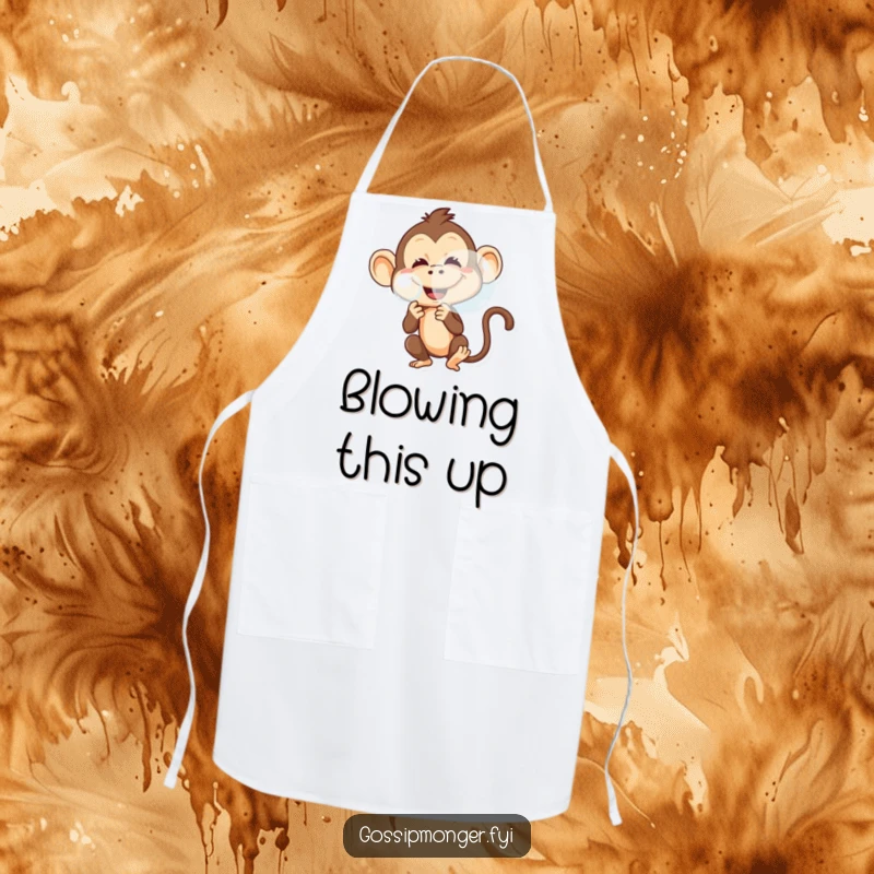 Funny apron showcasing a mischievous monkey blowing a huge bubble with a wide, playful grin.