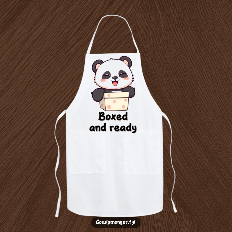 Funny Apron showcasing a playful panda peeking out of a gift box with a mischievous wink, ready for kitchen fun.