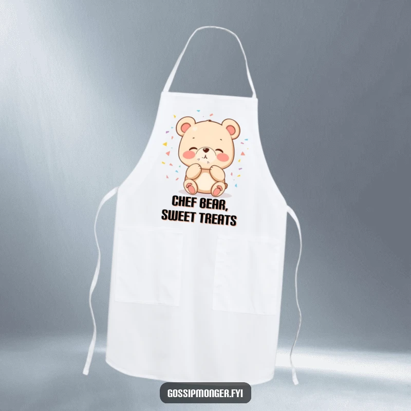 Funny cute bear apron blowing a kiss of confetti, perfect for adding humor and celebration to cooking.