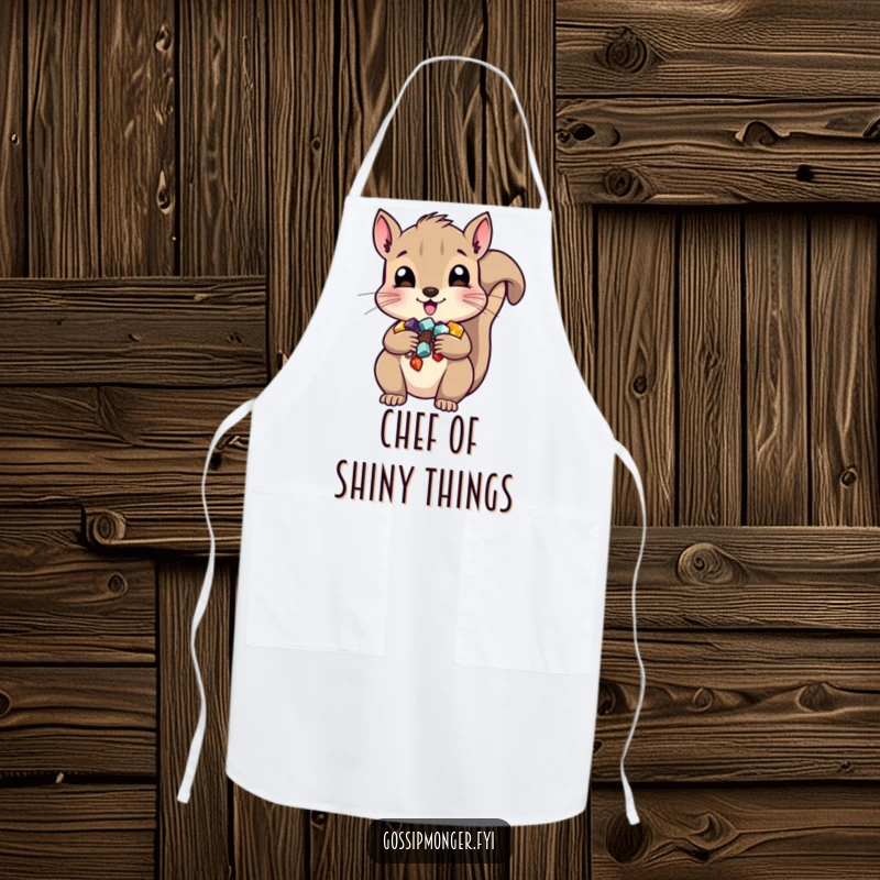 Funny squirrel apron for chefs, depicted with cheeks full of shiny trinkets, ideal for humorous kitchen use.