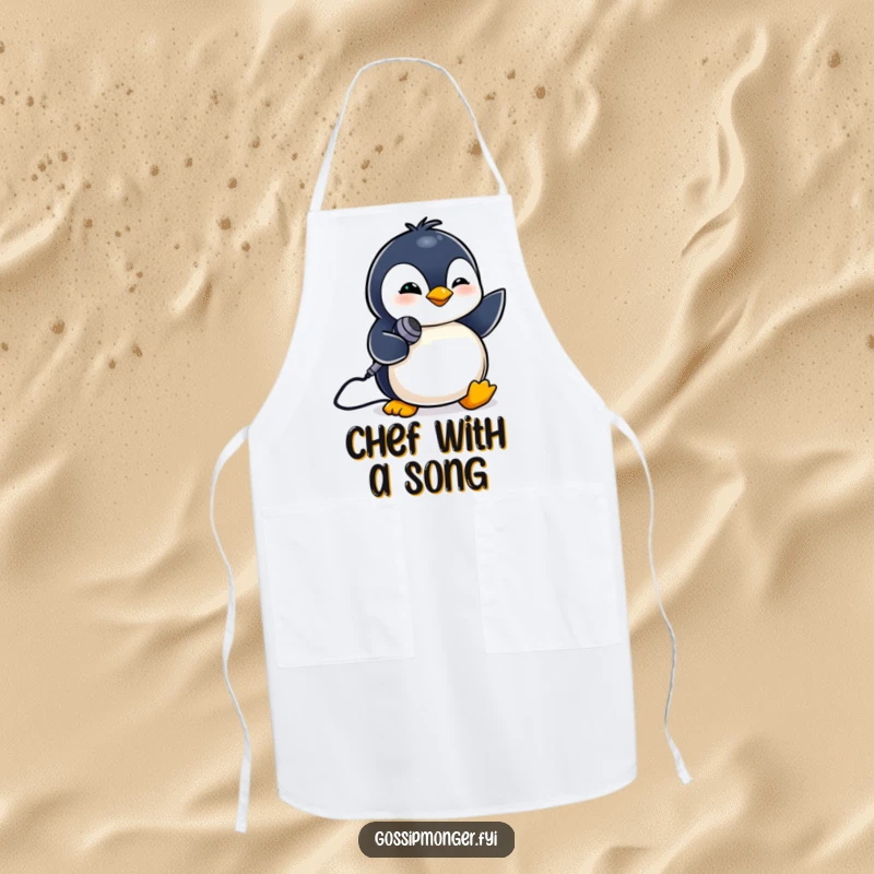 Funny apron featuring a tiny penguin winking while holding a miniature microphone. Culinary performer.