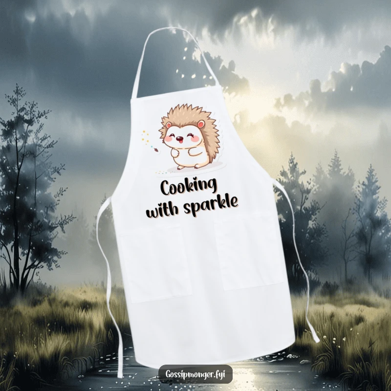Funny Apron featuring a happy hedgehog using a tiny quill to create a dazzling trail of glitter, perfect for crafting.