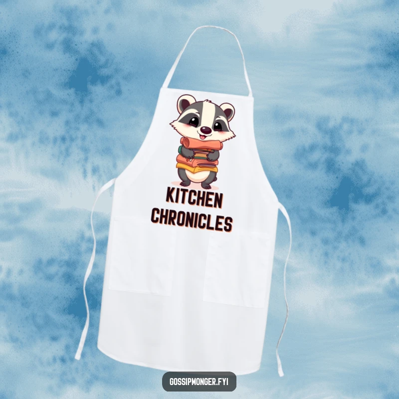 Funny apron showing a cheerful badger balancing a stack of colorful, gossip-filled scrolls, perfect for cooking with a hint of playful storytelling.