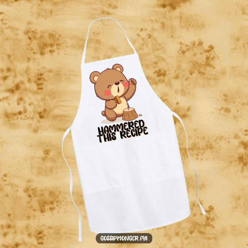 Funny apron showing a determined bear in a workshop setting, enthusiastically hammering a tiny nail into wood with great focus.