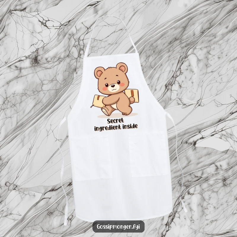 Funny bear cub apron, tiptoeing with a secret package, cooking kitchen wear, cute and functional design.