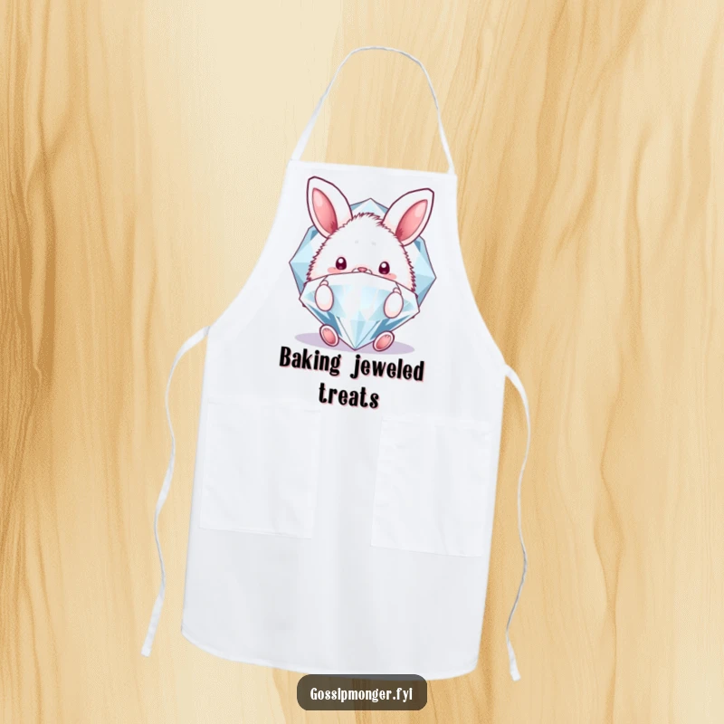 Funny apron displaying a fluffy bunny peeking behind a sparkling diamond, perfect for adding charm and humor to kitchen activities.