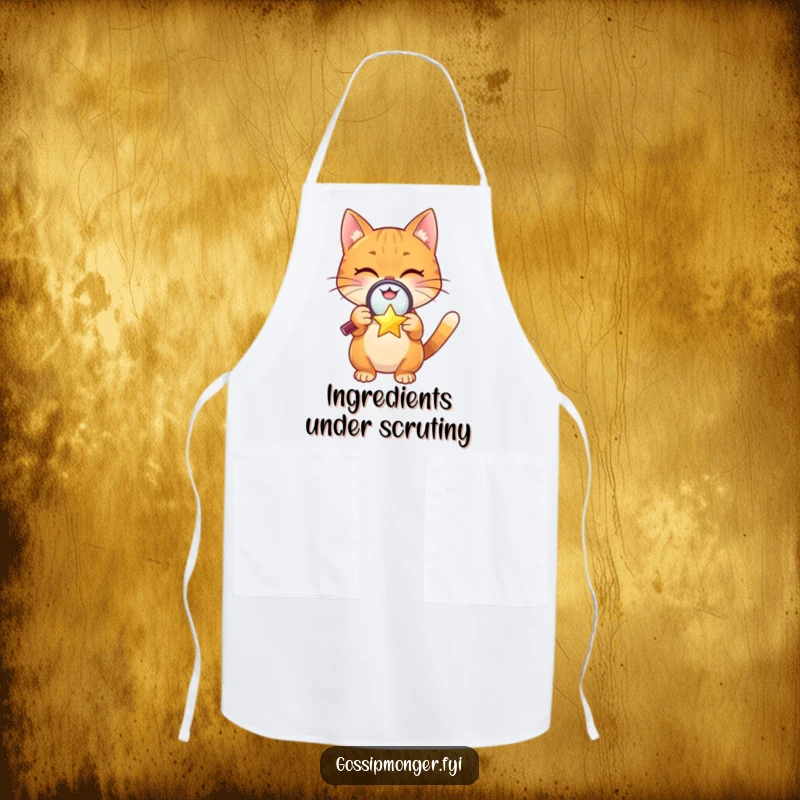 Funny apron with a cheerful orange cat using a magnifying glass to examine a tiny, winking star, adding humor to the kitchen.
