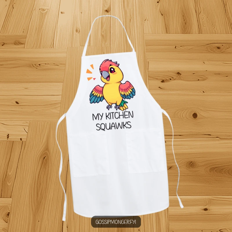 Funny technicolor parrot with a sassy tilt of its head, mimicking a sound effect with its wings, chef apron.