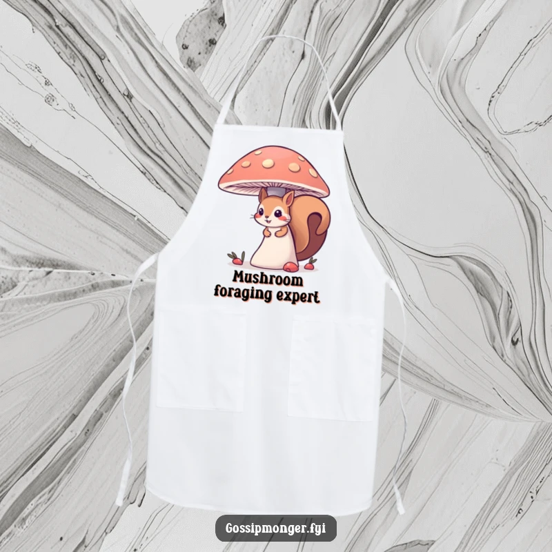 Funny curious squirrel apron, a squirrel peeking from behind a mushroom, designed for playful kitchen or garden adventures with nature's charm.