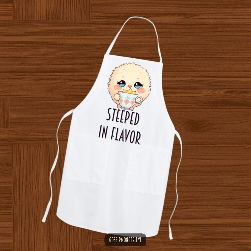 Funny apron featuring a round, fluffy creature winking slyly, holding a tiny, overflowing teacup, ready for kitchen fun.
