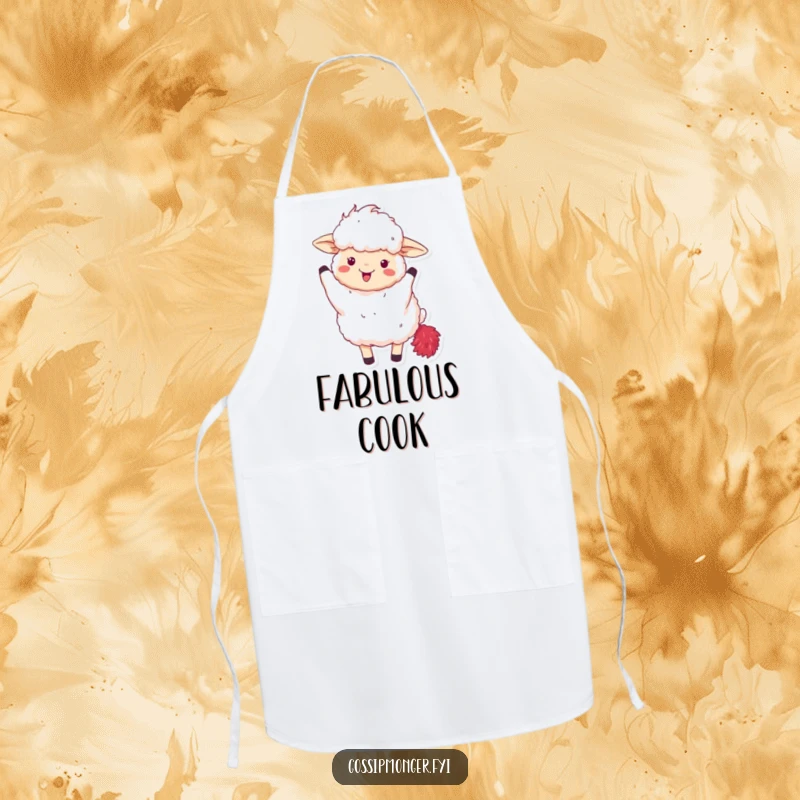 Funny apron featuring a fluffy sheep excitedly waving a red feather boa, for glamorous kitchen fun.