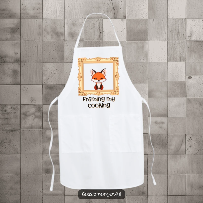 Funny red fox with a mischievous wink, popping out of a giant ornate empty picture frame, chef apron for cooks.