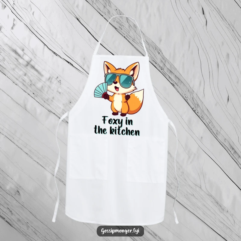 Funny apron featuring a tiny fox in oversized sunglasses, energetically fanning itself, perfect for cooking or grilling with a cool and playful attitude.