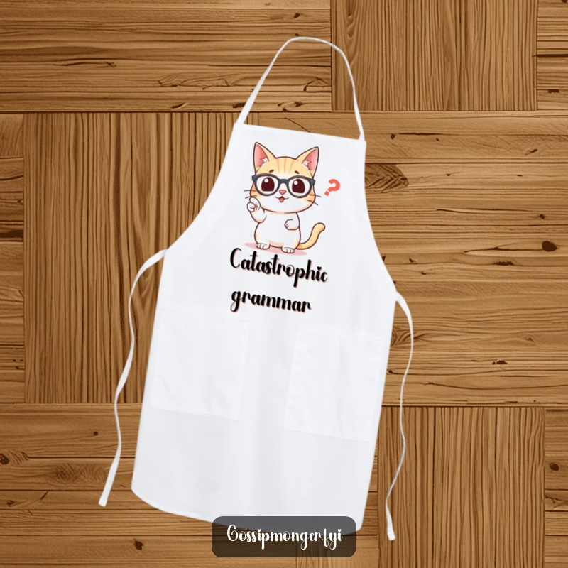 Funny apron featuring an intelligent cat in glasses, pointing diligently at a misplaced comma, ready for kitchen duty.
