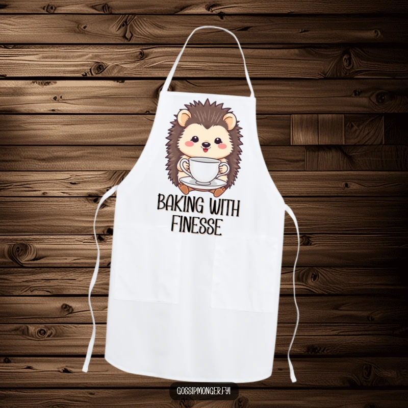 Funny Hedgehog Tea Cup Apron: A smiling hedgehog holds a tea cup and saucer, adding a touch of elegance to kitchen tasks.