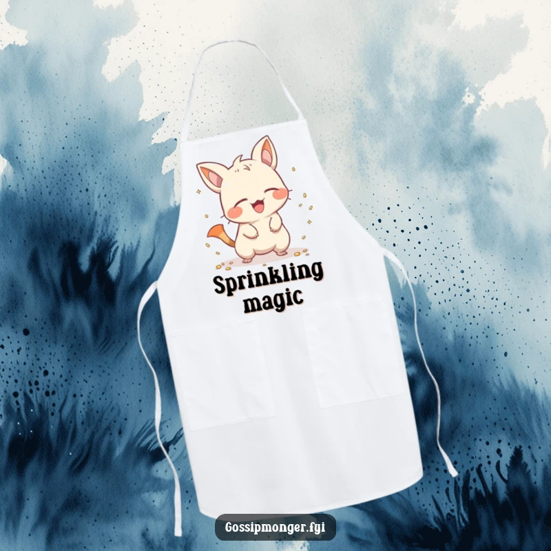 Funny creature with a pointy tail scattering shiny objects with a giggle, printed on a durable apron, adding a humorous and playful element.