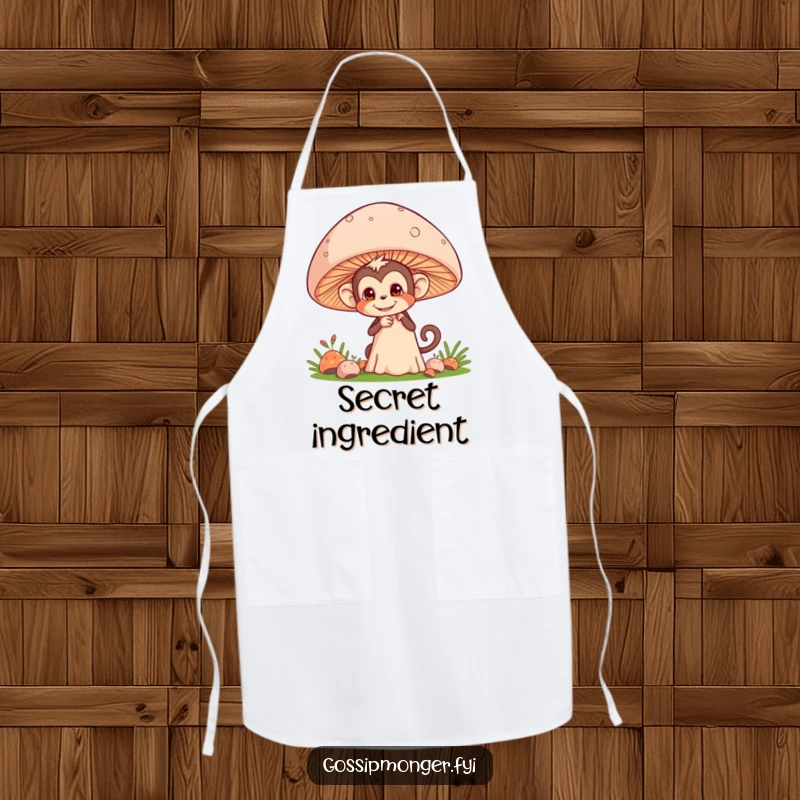 Funny apron with a mischievous monkey pretending to eavesdrop behind a giant mushroom, perfect for kitchen spies.