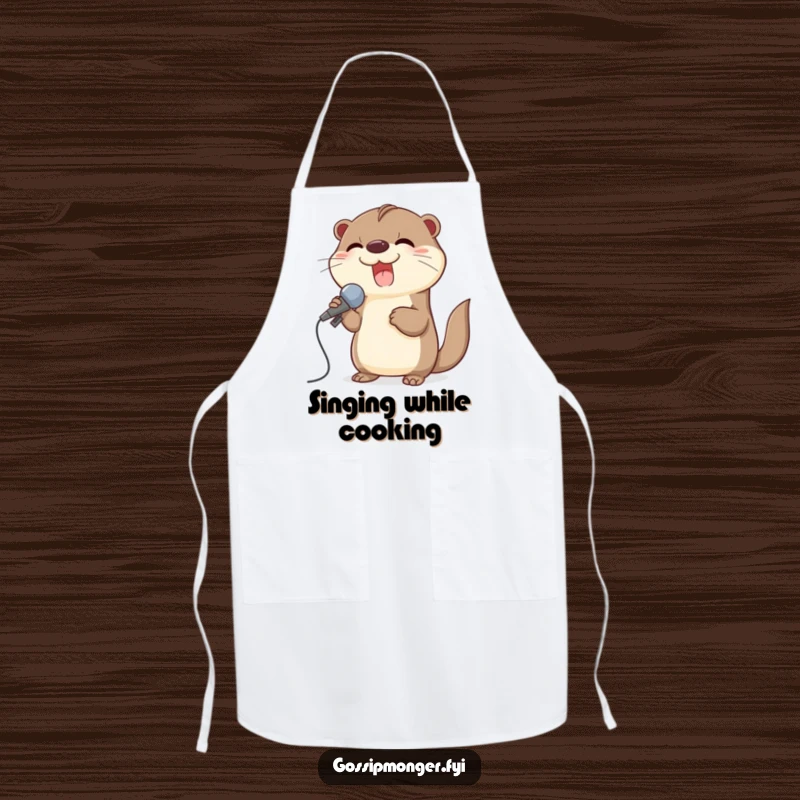 Funny apron with a giggling otter using a large seashell as a microphone while cooking, adding fun to the kitchen.