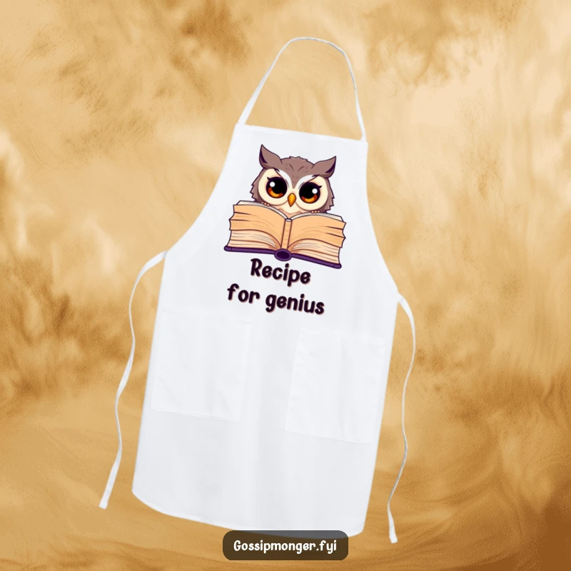 Funny apron with a curious owl with wide eyes peeking from behind a giant open book, for a kitchen enthusiast.