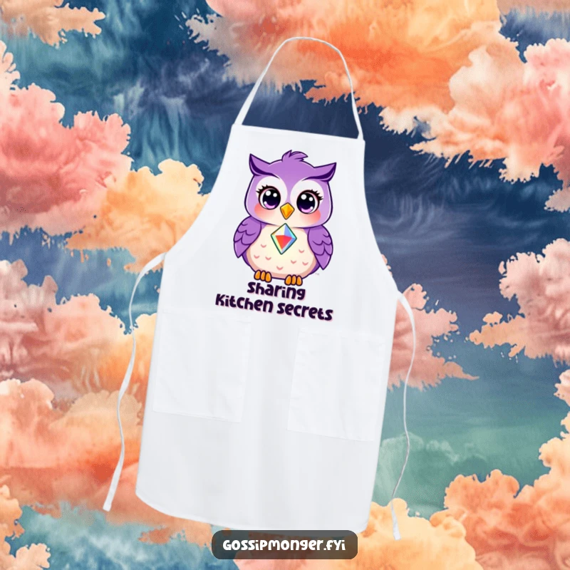 Funny apron with a smiling purple owl sharing a shining gem, adding a generous touch to the kitchen.