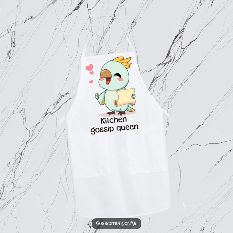 Funny apron with a chatty parrot holding a tiny scroll, perfect for the kitchen gossip or chef.