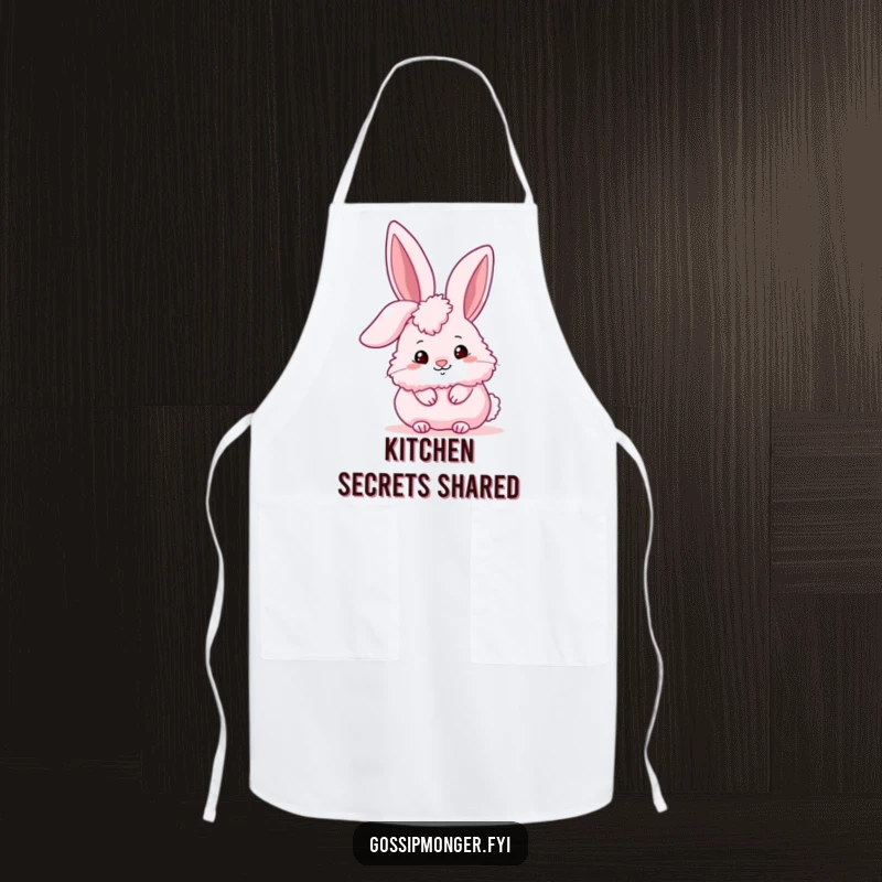 Funny fluffy pink bunny peeking conspiratorially behind a large stylized ear, perfect for adding cute humor to cooking.