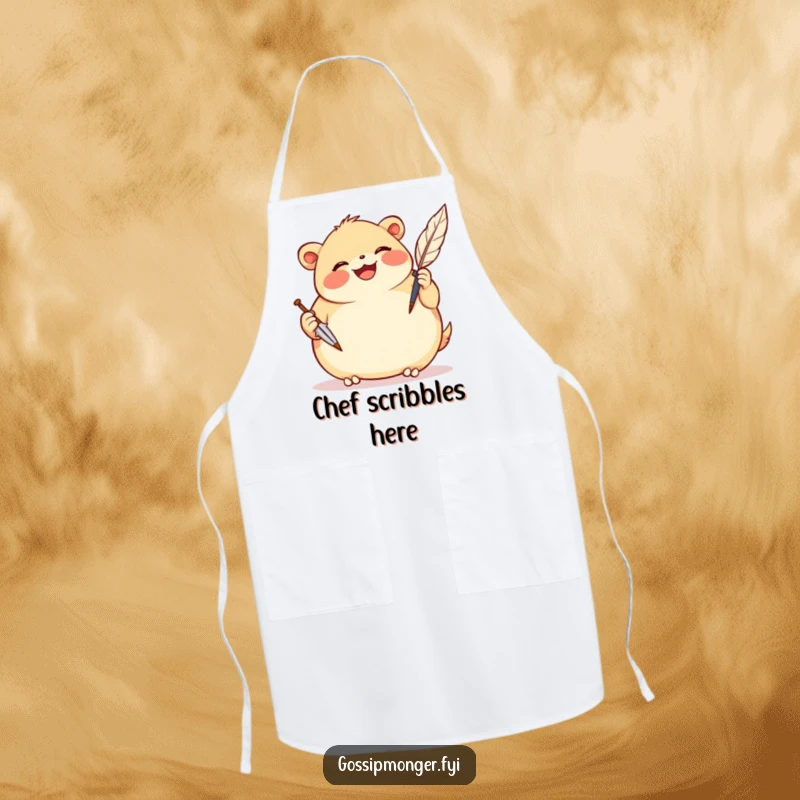 Funny apron with a plump, smiling creature gleefully scribbling notes with a comically oversized quill pen.