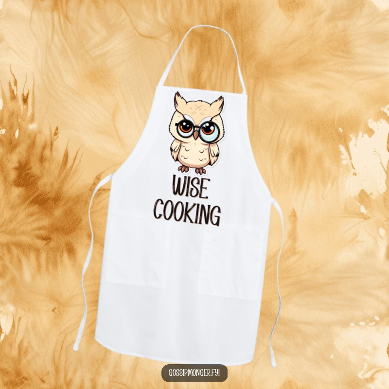 Funny apron featuring a tiny owl with a monocle, slyly winking, for sophisticated kitchen humor.