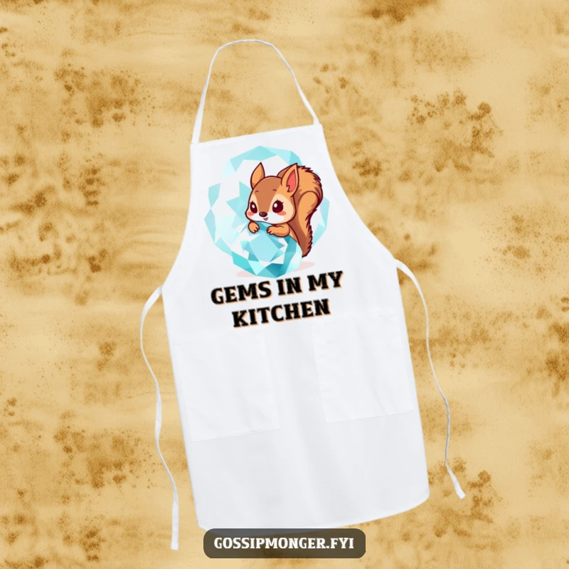 Funny Apron: A tiny squirrel peeks from behind a huge, sparkling gemstone, providing a funny and practical accessory for kitchen adventures.