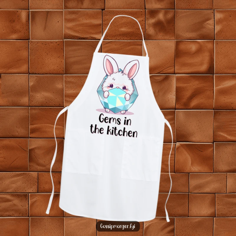 Funny apron with a fluffy bunny peeking from behind a large, sparkly gemstone. Kitchen magic.