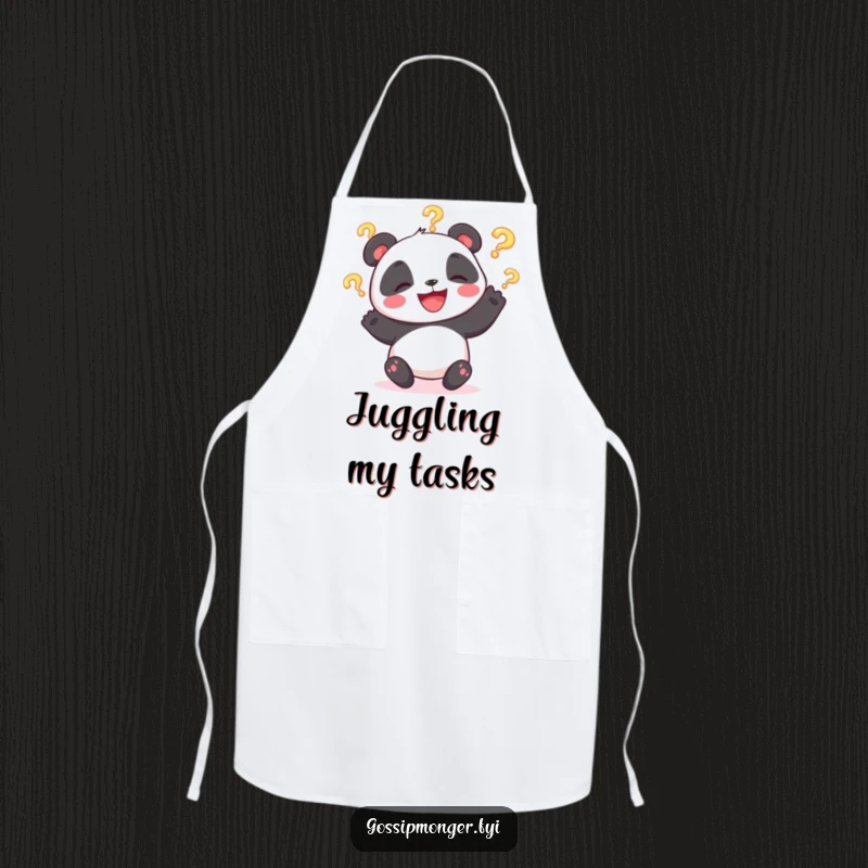 Funny apron with a giggling panda bear juggling question marks, adding humor to your kitchen adventures.