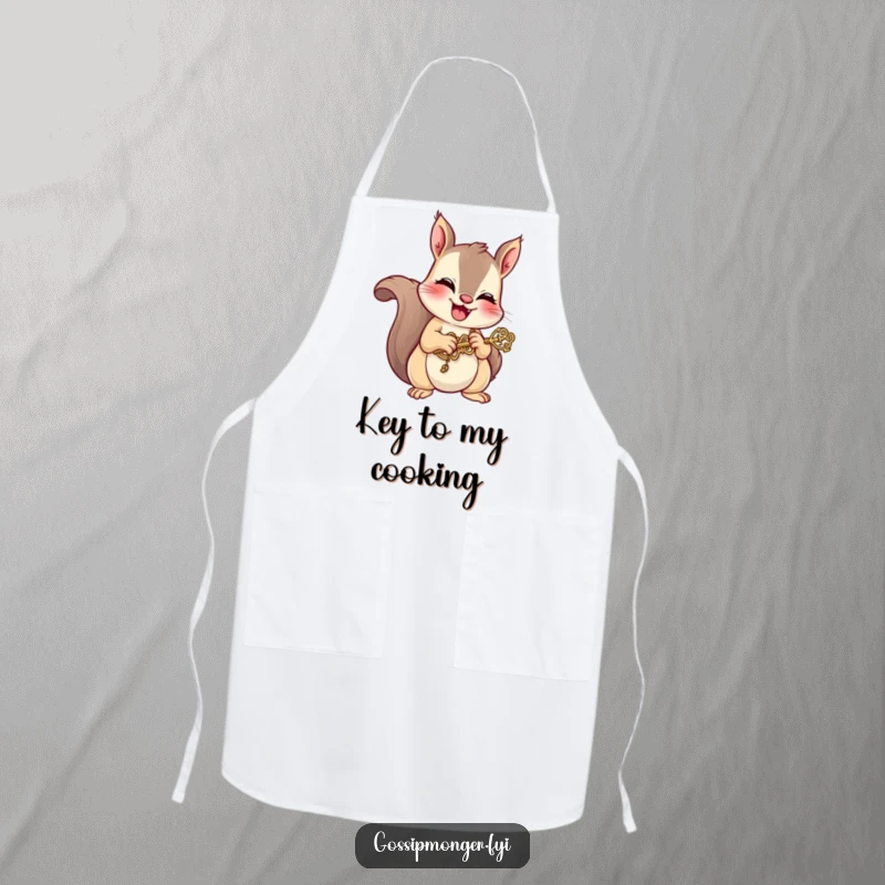 Funny apron showing a mischievous squirrel giggling while holding a tiny, ornate key, perfect for cooking with a hint of playful secrecy.