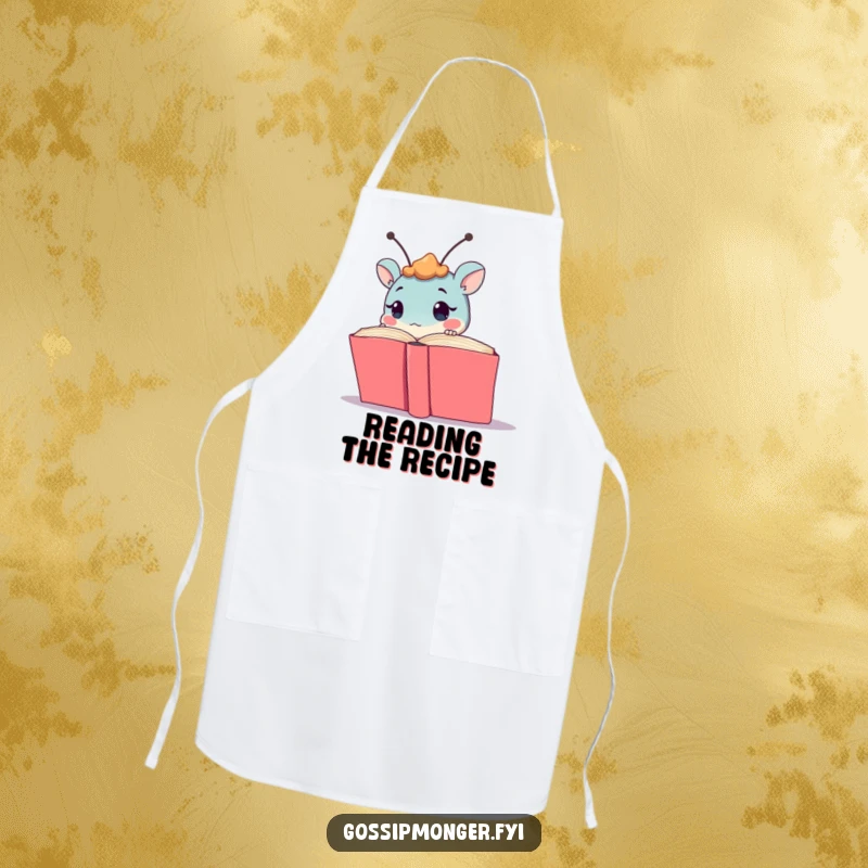 Funny creature with antennae peeking from a book, printed on a practical apron, adding a humorous and curious touch to kitchen tasks.