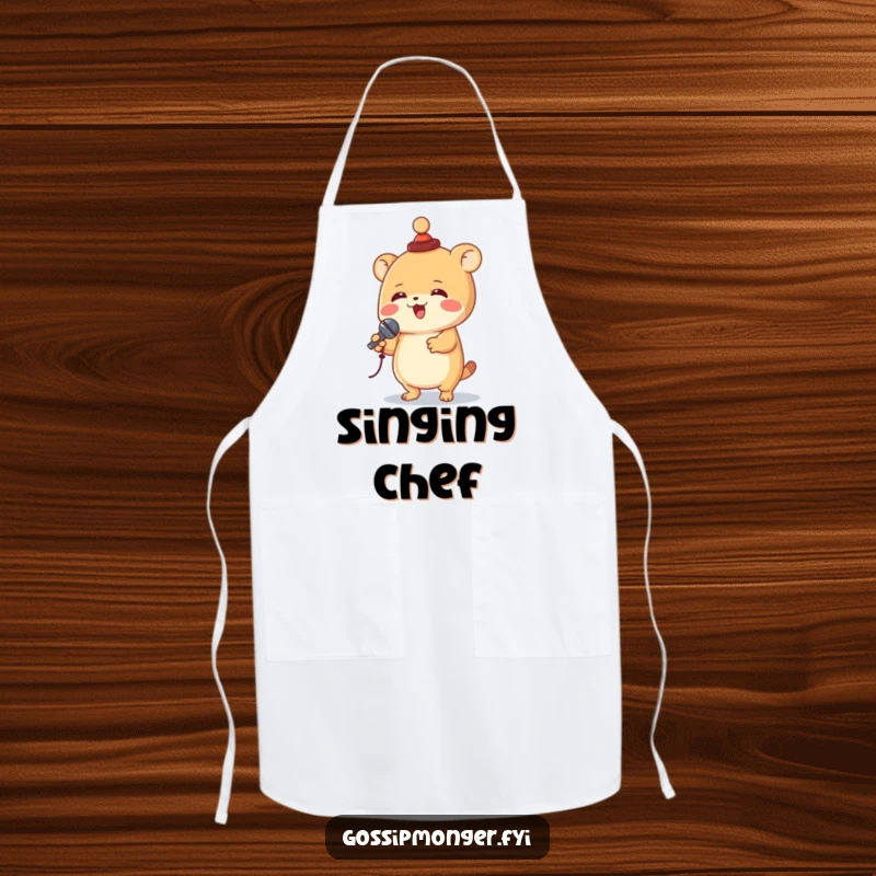 Funny creature with a tiny hat spinning with a microphone, printed on a durable apron, adding a humorous and theatrical element to cooking.