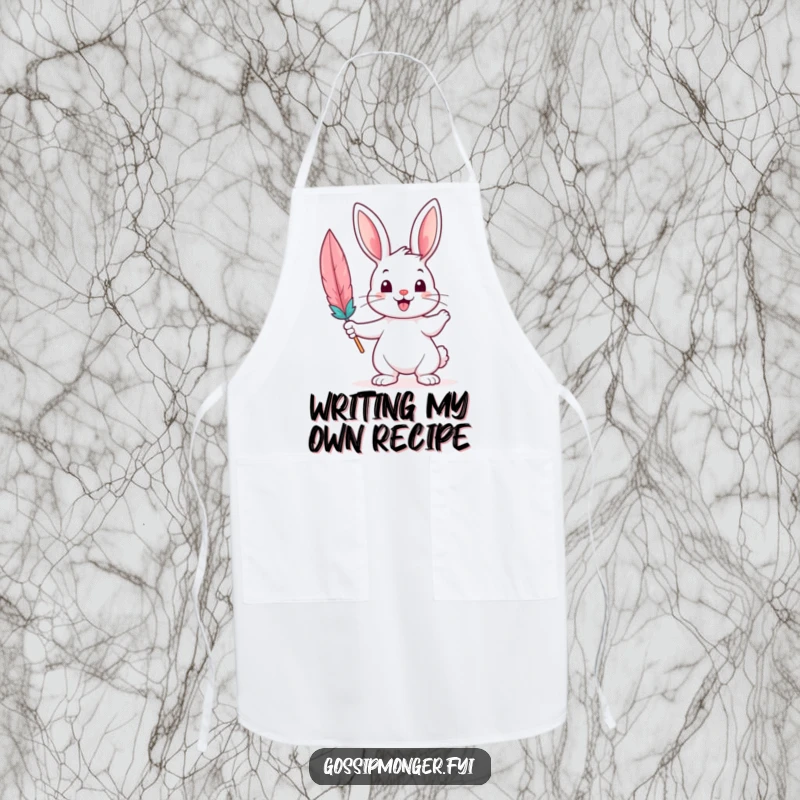 Funny Apron with a cheerful bunny holding a feather quill, ready to inspire delicious creations in the kitchen.