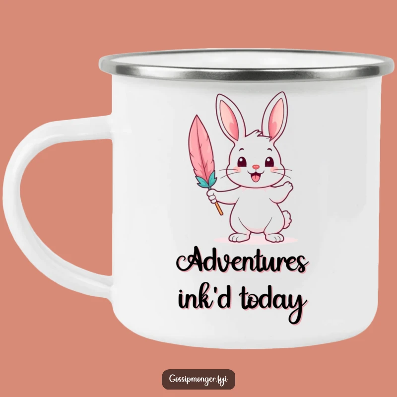 Adventure Funny Bunny Camping Mug: Cheerful Writer with Quill, Outdoor Gift