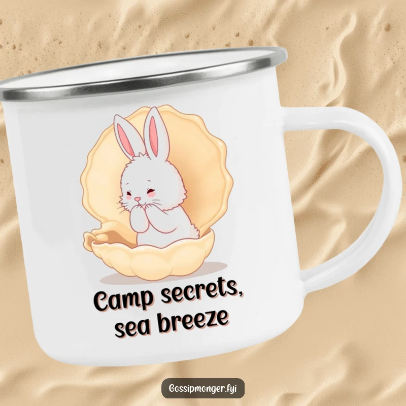 Funny Bunny Camping Mug: A fluffy white rabbit whispers secrets into a giant conch shell, ideal for outdoor humor.