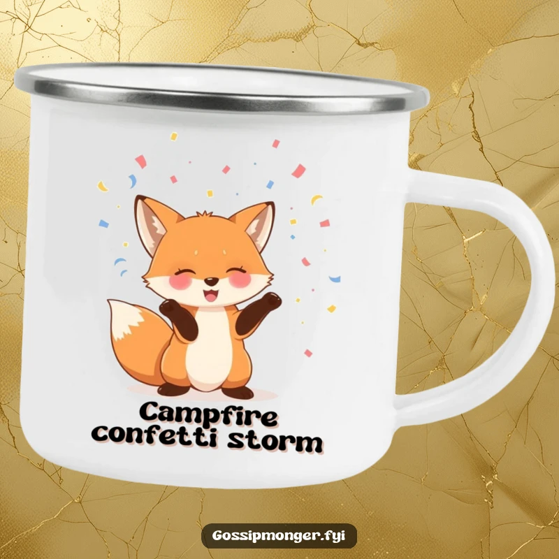 Funny fox camping mug with a giggling fox throwing confetti, bringing a celebratory mood to outdoor adventures.