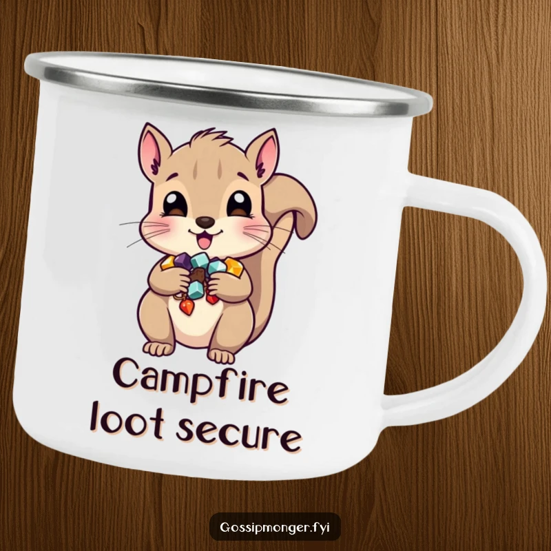 Funny squirrel camping mug, depicting a mischievous animal hiding shiny trinkets, ideal for outdoor enthusiasts.