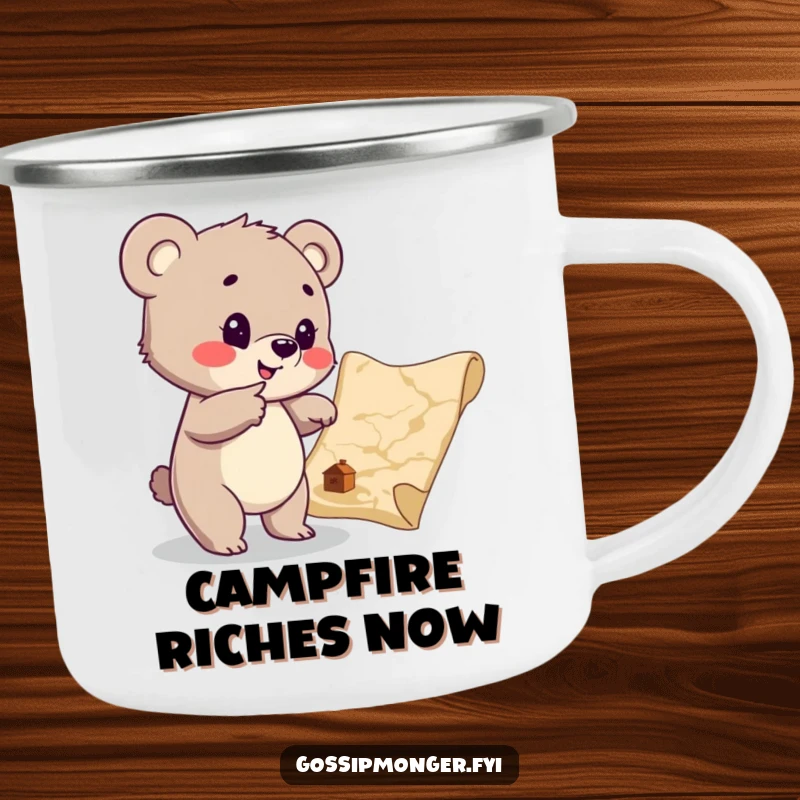 Funny Bear Cub Treasure Map Camping Mug: A cub points to a treasure map, ideal for sipping drinks on expeditions.