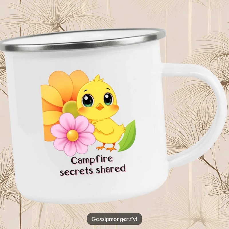 Funny Chick Camping Mug: A sturdy mug with a yellow chick and oversized eyes whispering secrets to a flower, ideal for outdoor humor.