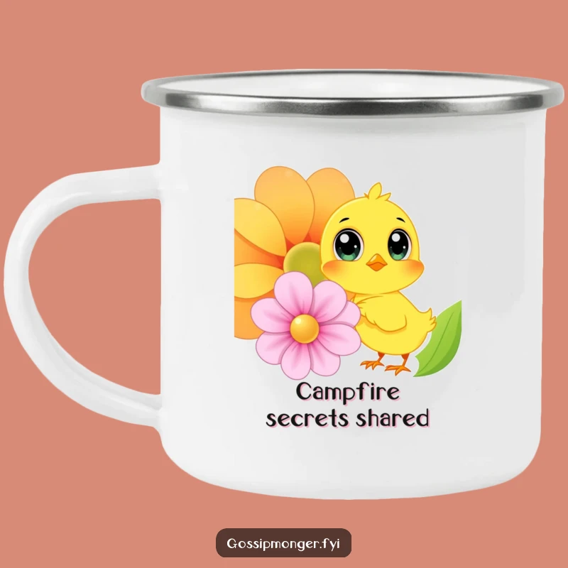 Funny Chick Whispering Secrets Camping Mug: Rugged Oversized Eyes, Perfect Funny Gift for Outdoors