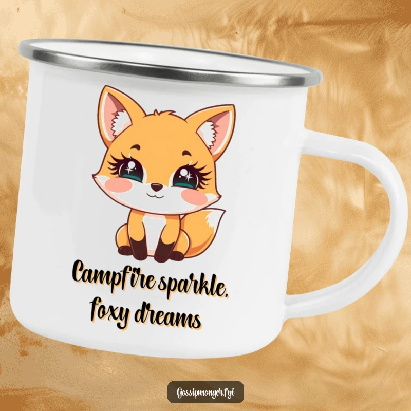 Funny Fox Camping Mug: A cheerful fox playfully bats its oversized, sparkly eyelashes, ideal for outdoor charm.