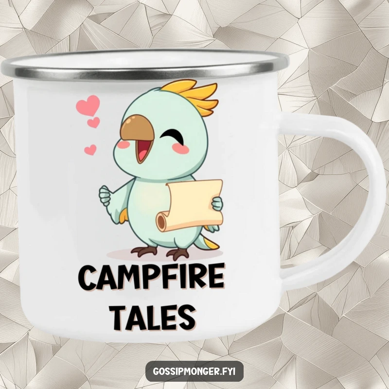 Funny enamel camping mug with a chatty parrot holding a tiny scroll, perfect for sharing stories outdoors.