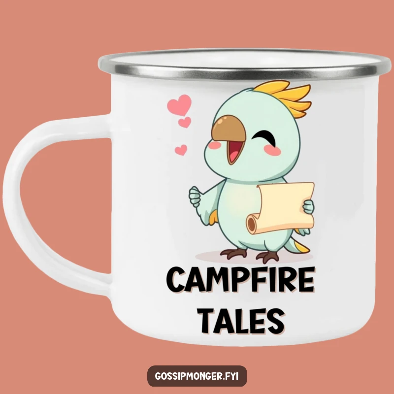 Funny Parrot Camping Mug: Chatty Bird Scroll Mug, Adventurous Gossip Gift