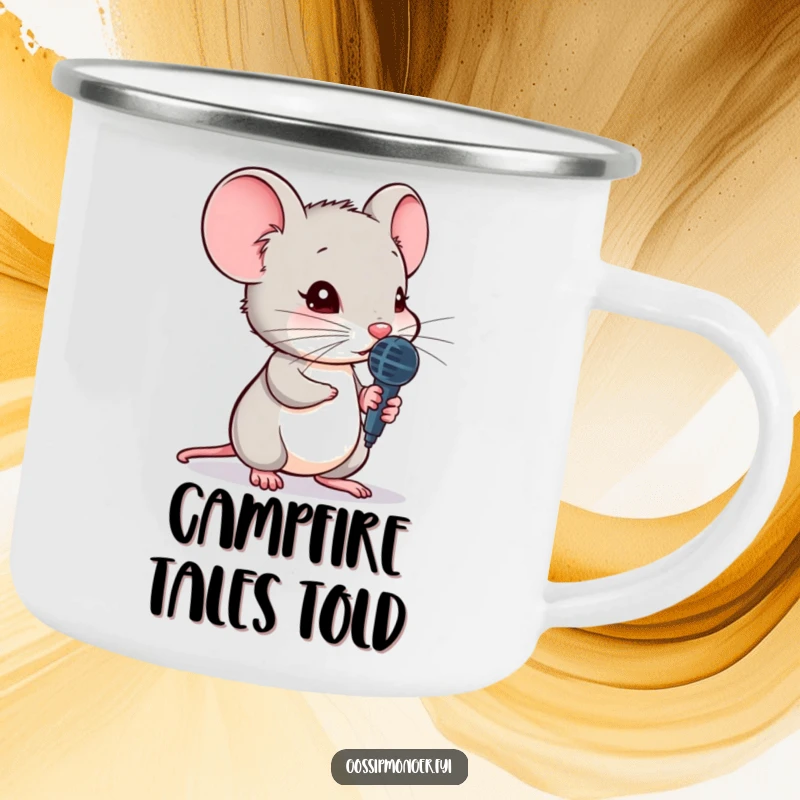 Funny mouse character camping mug, holding a tiny microphone, leaning to hear a secret, enamel finish, durable for outdoor use.
