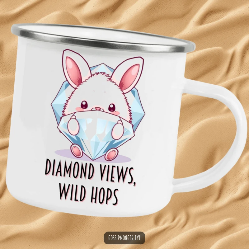 Funny camping mug with a fluffy bunny peeking behind a sparkling diamond, built for adventures and offering a dose of cute humor.