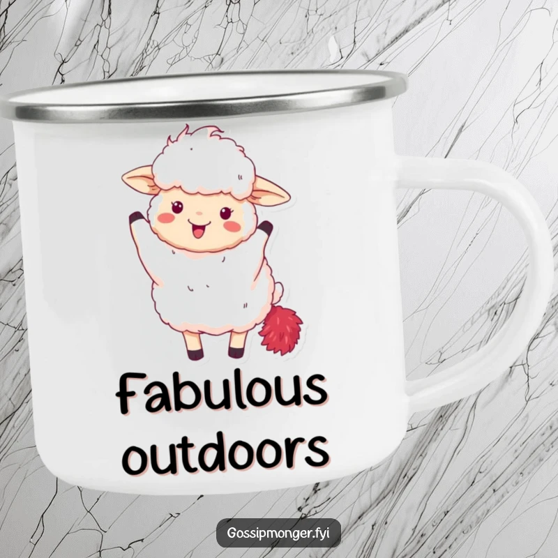 Funny camping mug with a fluffy sheep excitedly waving a red feather boa, for glamorous outdoor fun.