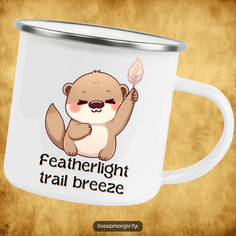 Funny playful otter with a knowing smile, holding a delicate shimmering feather aloft, durable camping mug.