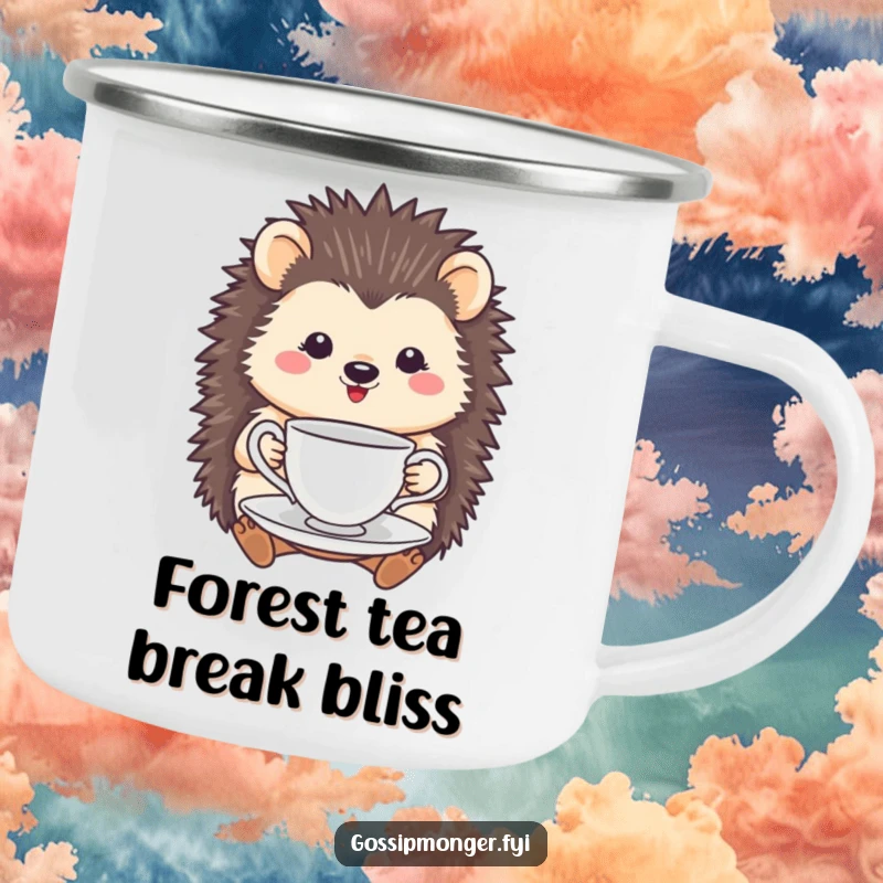 Funny Hedgehog Tea Cup Camping Mug: A smiling hedgehog holds a tea cup and saucer, ideal for enjoying drinks outdoors.